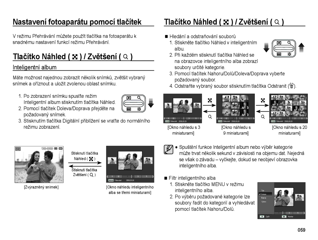 Samsung EC-ES25ZZBABE3, EC-ES25ZZBARE3 manual Tlačítko Náhled º / Zvětšení í, Inteligentní album, Okno náhledu s Miniaturami 