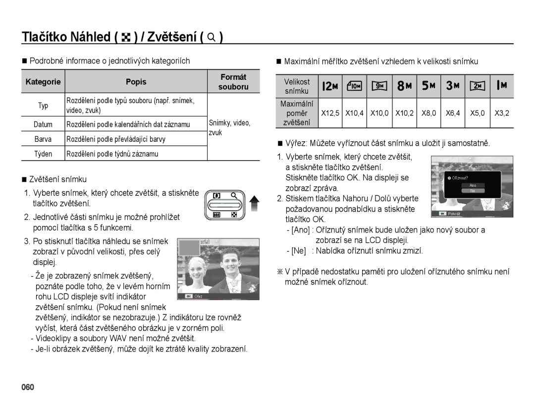 Samsung EC-ES25ZZBARE3 manual Podrobné informace o jednotlivých kategoriích, Videoklipy a soubory WAV není možné zvětšit 