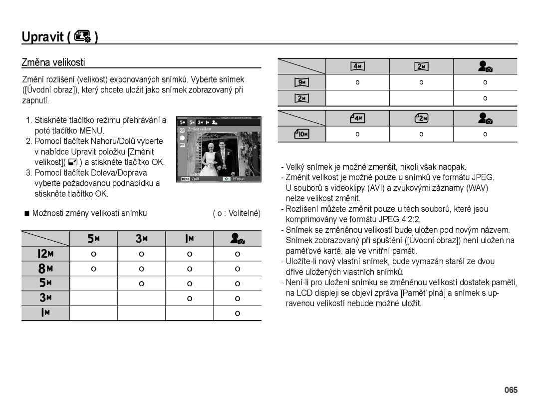 Samsung EC-ES25ZZBABE3, EC-ES25ZZBARE3, EC-ES25ZZBASE3 manual Upravit, Změna velikosti 