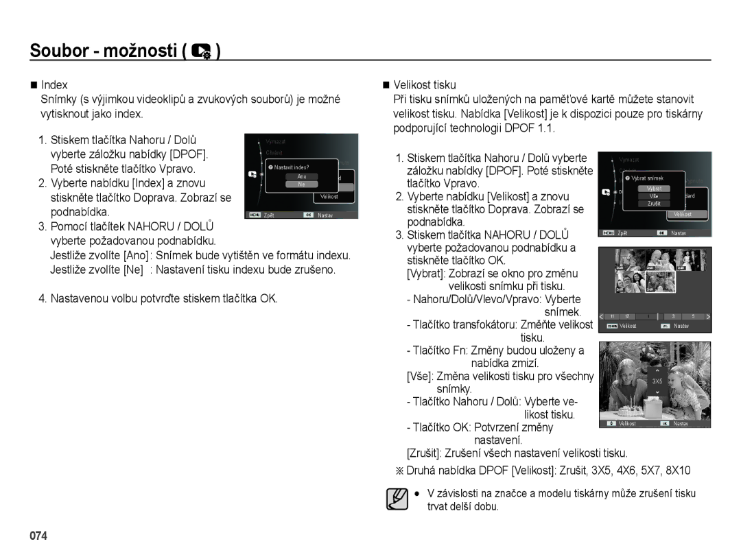 Samsung EC-ES25ZZBABE3 manual Podnabídka Stiskem tlačítka Nahoru / Dolů, Velikosti snímku při tisku, Tisku, Nastavení 