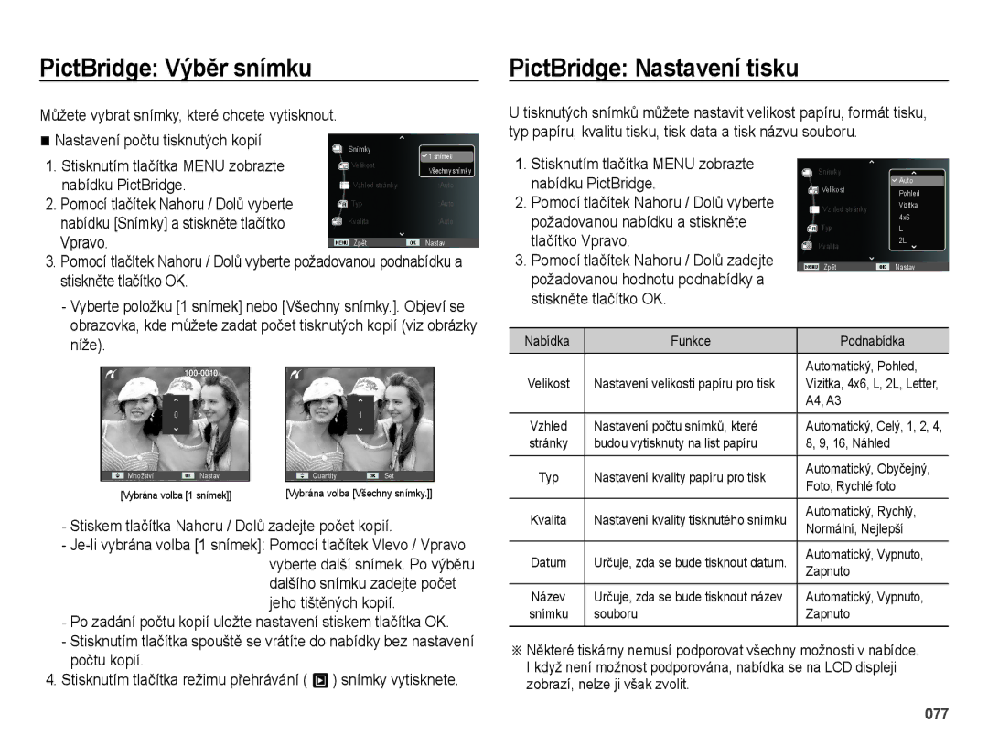 Samsung EC-ES25ZZBABE3, EC-ES25ZZBARE3, EC-ES25ZZBASE3 manual PictBridge Výběr snímku, PictBridge Nastavení tisku 