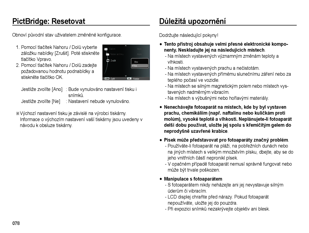 Samsung EC-ES25ZZBARE3 PictBridge Resetovat, Důležitá upozornění, Písek může představovat pro fotoaparáty značný problém 