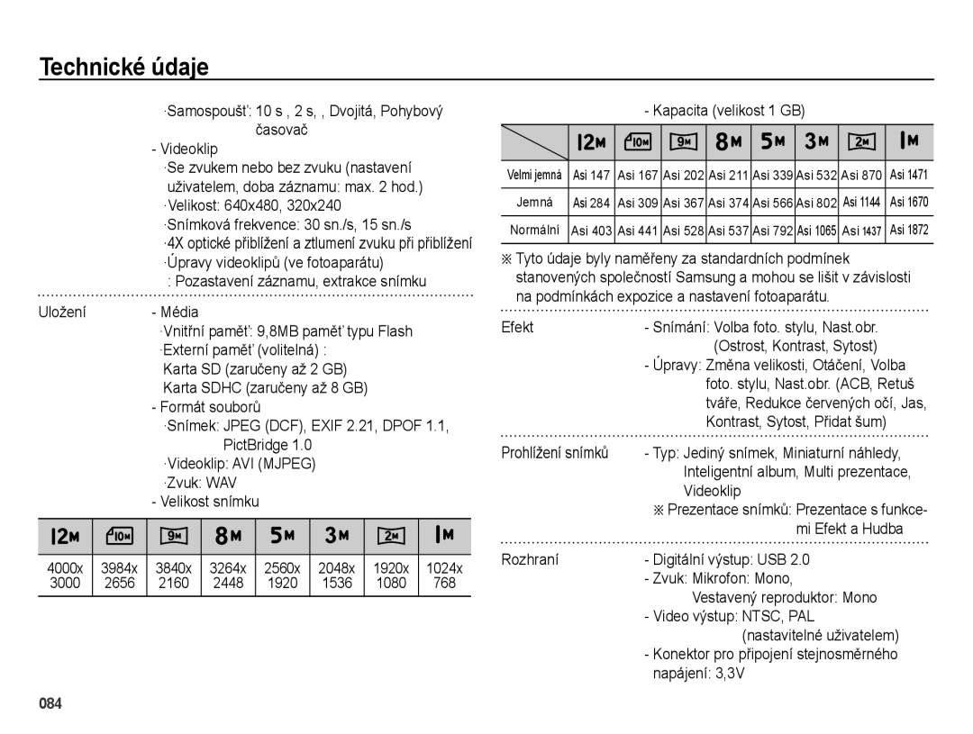 Samsung EC-ES25ZZBARE3 Pozastavení záznamu, extrakce snímku Uložení, ·Externí paměť volitelná, ·Zvuk WAV, Napájení 3,3V 