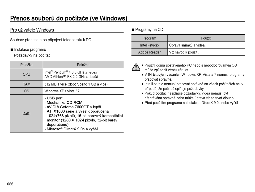 Samsung EC-ES25ZZBABE3, EC-ES25ZZBARE3 manual Přenos souborů do počítače ve Windows, Pro uživatele Windows, Programy na CD 