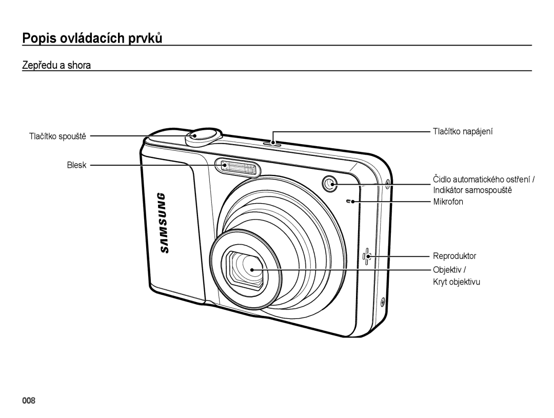 Samsung EC-ES25ZZBABE3, EC-ES25ZZBARE3, EC-ES25ZZBASE3 manual Popis ovládacích prvků, Zepředu a shora 