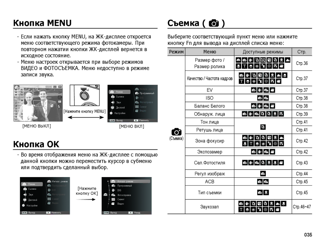 Samsung EC-ES25ZZBARRU, EC-ES25ZZBASRU, EC-ES25ZZBABRU, EC-ES25ZZBABKZ manual ǱȕȖȗȒȈ Menu, ǱȕȖȗȒȈ OK, ǸȢȍȔȒȈ, Режим Меню 