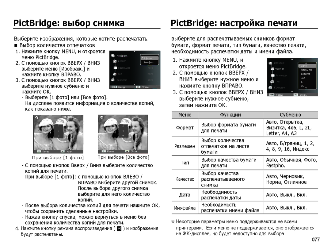 Samsung EC-ES25ZZBABRU, EC-ES25ZZBARRU manual Нажмите кнопку MENU, и, Откроется меню PictBridge, Помощью кнопок Вверх 