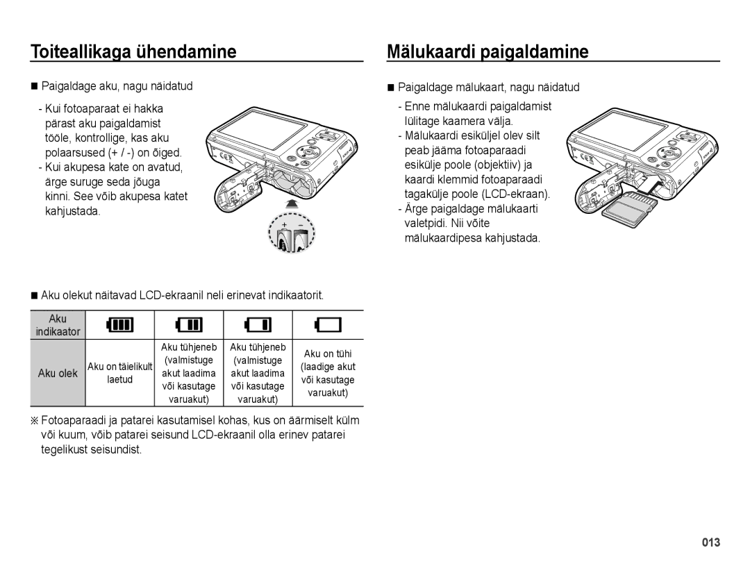 Samsung EC-ES25ZZBABRU Mälukaardi paigaldamine, Paigaldage aku, nagu näidatud, Paigaldage mälukaart, nagu näidatud, Aku 