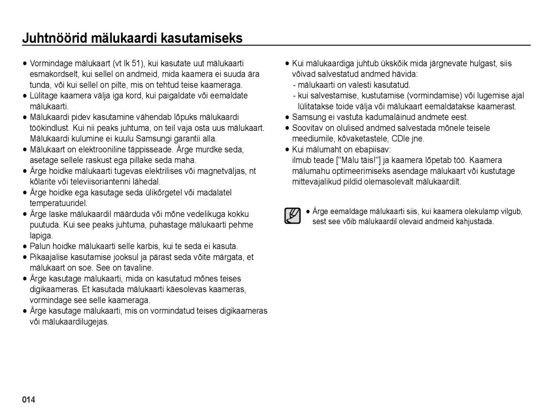 Samsung EC-ES25ZZBARRU, EC-ES25ZZBASRU, EC-ES25ZZBABRU manual Juhtnöörid mälukaardi kasutamiseks, Kui mälumaht on ebapiisav 