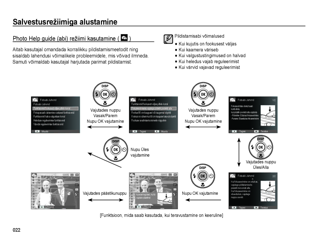 Samsung EC-ES25ZZBABRU Photo Help guide abi režiimi kasutamine, Vajutades nuppu Vasak/Parem, Vajutades nuppu Üles/Alla 