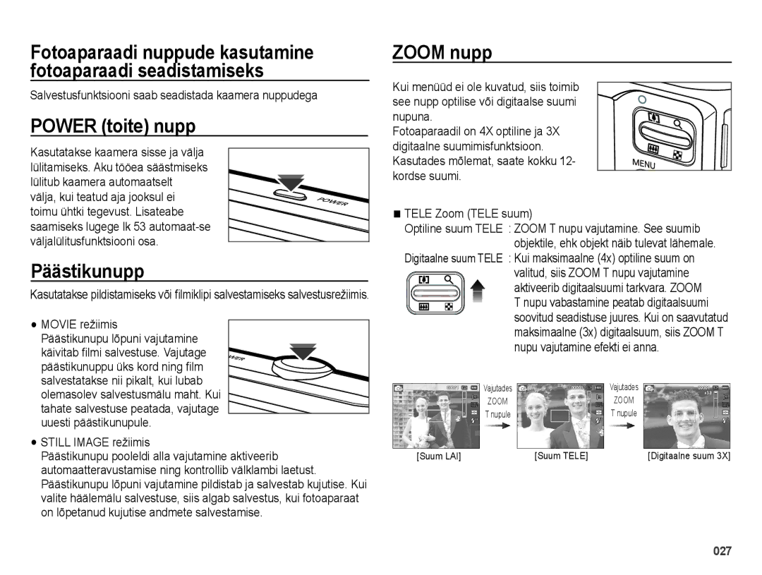 Samsung EC-ES25ZZBASRU, EC-ES25ZZBARRU, EC-ES25ZZBABRU manual Power toite nupp, Päästikunupp, Zoom nupp 