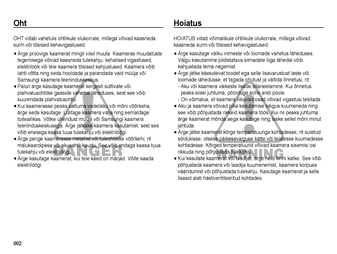 Samsung EC-ES25ZZBARRU, EC-ES25ZZBASRU, EC-ES25ZZBABRU manual Oht, Hoiatus 