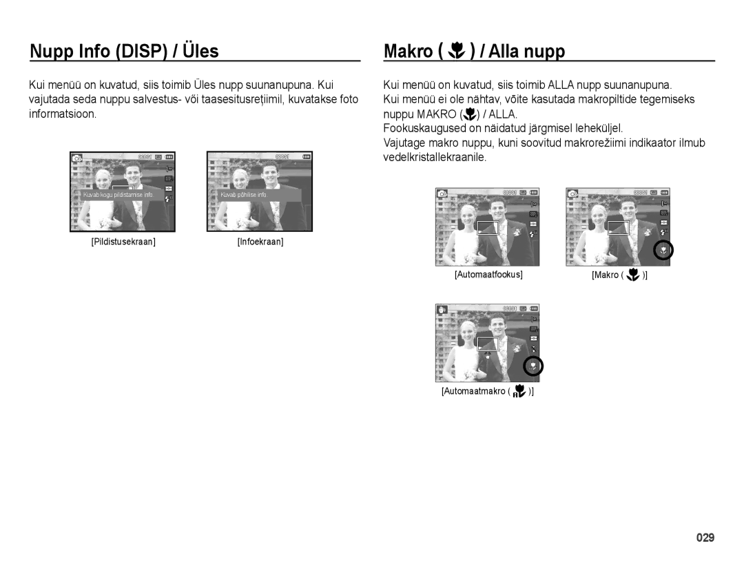 Samsung EC-ES25ZZBARRU, EC-ES25ZZBASRU, EC-ES25ZZBABRU manual Nupp Info Disp / Üles, Makro / Alla nupp 