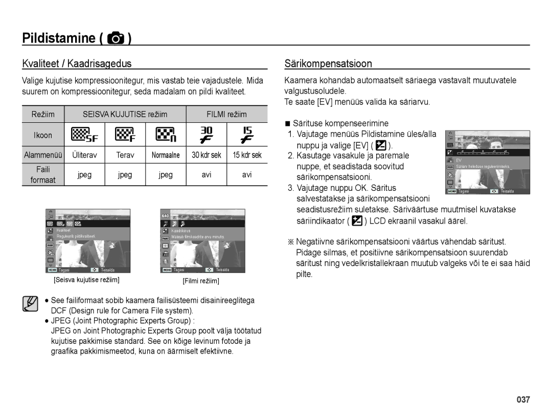 Samsung EC-ES25ZZBABRU, EC-ES25ZZBARRU, EC-ES25ZZBASRU manual Kvaliteet / Kaadrisagedus, Särikompensatsioon 