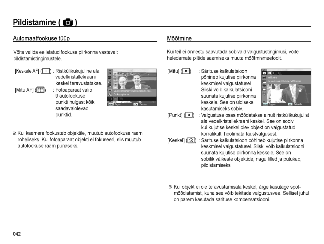 Samsung EC-ES25ZZBASRU, EC-ES25ZZBARRU, EC-ES25ZZBABRU manual Automaatfookuse tüüp, Mõõtmine 