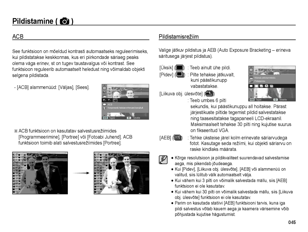 Samsung EC-ES25ZZBASRU, EC-ES25ZZBARRU Pildistamisrežiim, Liikuva obj. ülesvõte Teeb umbes 6 pilti, On ¿kseeritud VGA AEB 