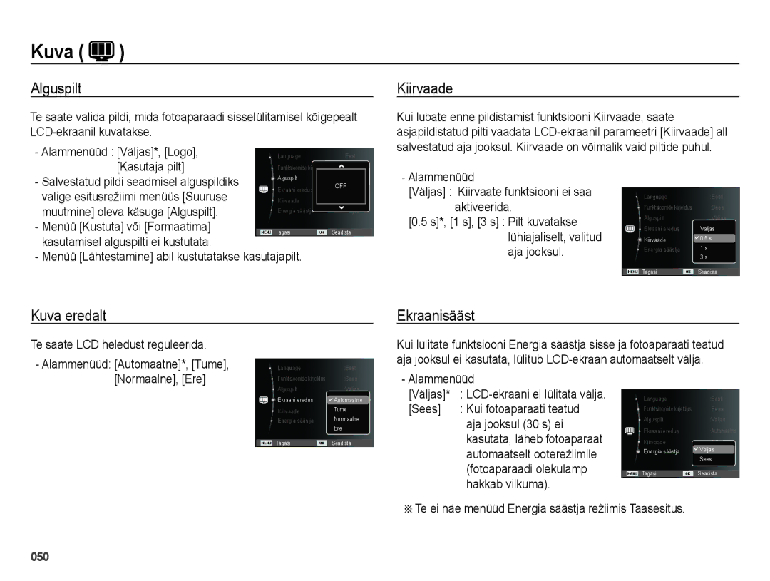 Samsung EC-ES25ZZBARRU, EC-ES25ZZBASRU, EC-ES25ZZBABRU manual Alguspilt, Kiirvaade, Kuva eredalt Ekraanisääst 