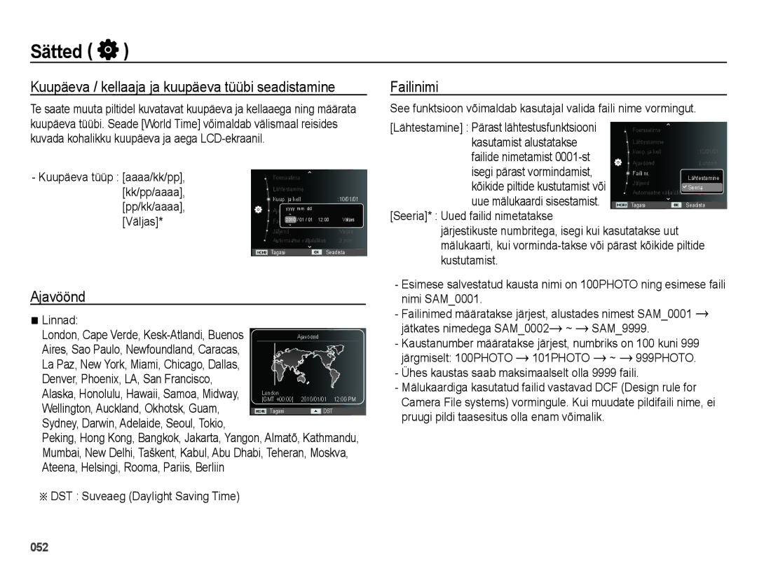 Samsung EC-ES25ZZBABRU, EC-ES25ZZBARRU manual Kuupäeva / kellaaja ja kuupäeva tüübi seadistamine, Ajavöönd, Failinimi 