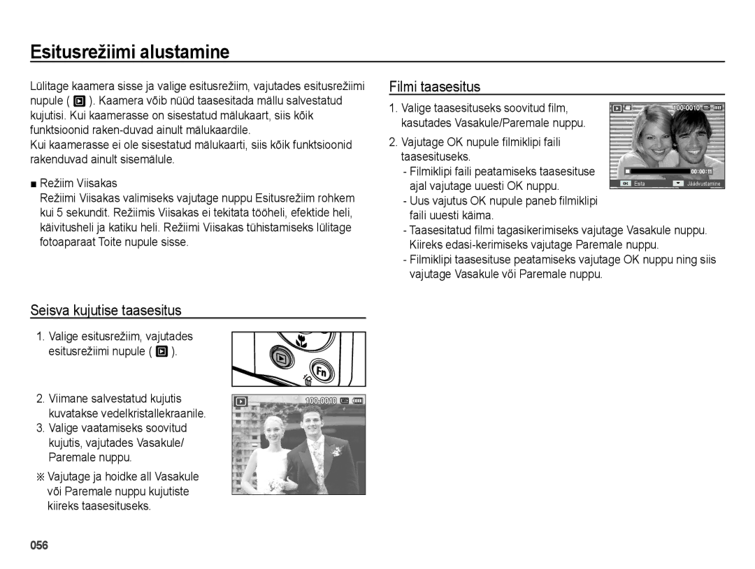 Samsung EC-ES25ZZBARRU, EC-ES25ZZBASRU manual Esitusrežiimi alustamine, Seisva kujutise taasesitus, Filmi taasesitus 