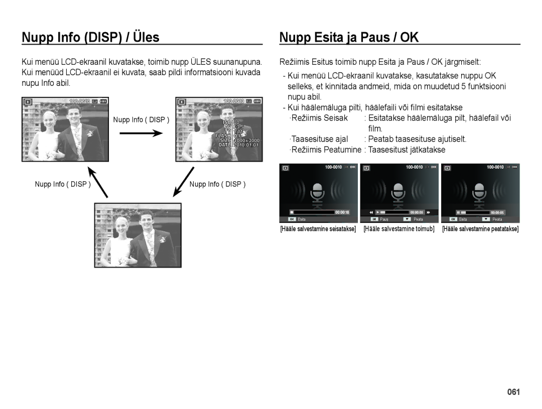 Samsung EC-ES25ZZBABRU, EC-ES25ZZBARRU, EC-ES25ZZBASRU manual Nupp Esita ja Paus / OK, Film, Nupp Info Disp 