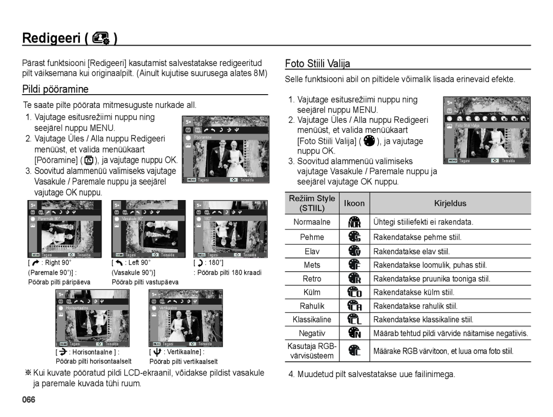 Samsung EC-ES25ZZBASRU manual Pildi pööramine, Te saate pilte pöörata mitmesuguste nurkade all, Seejärel nuppu Menu 