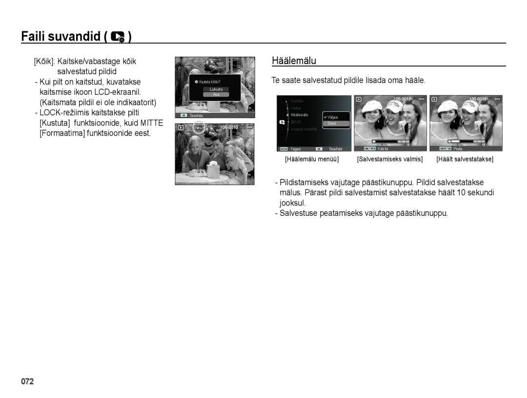 Samsung EC-ES25ZZBASRU manual Häälemälu, Te saate salvestatud pildile lisada oma hääle, LOCK-režiimis kaitstakse pilti 