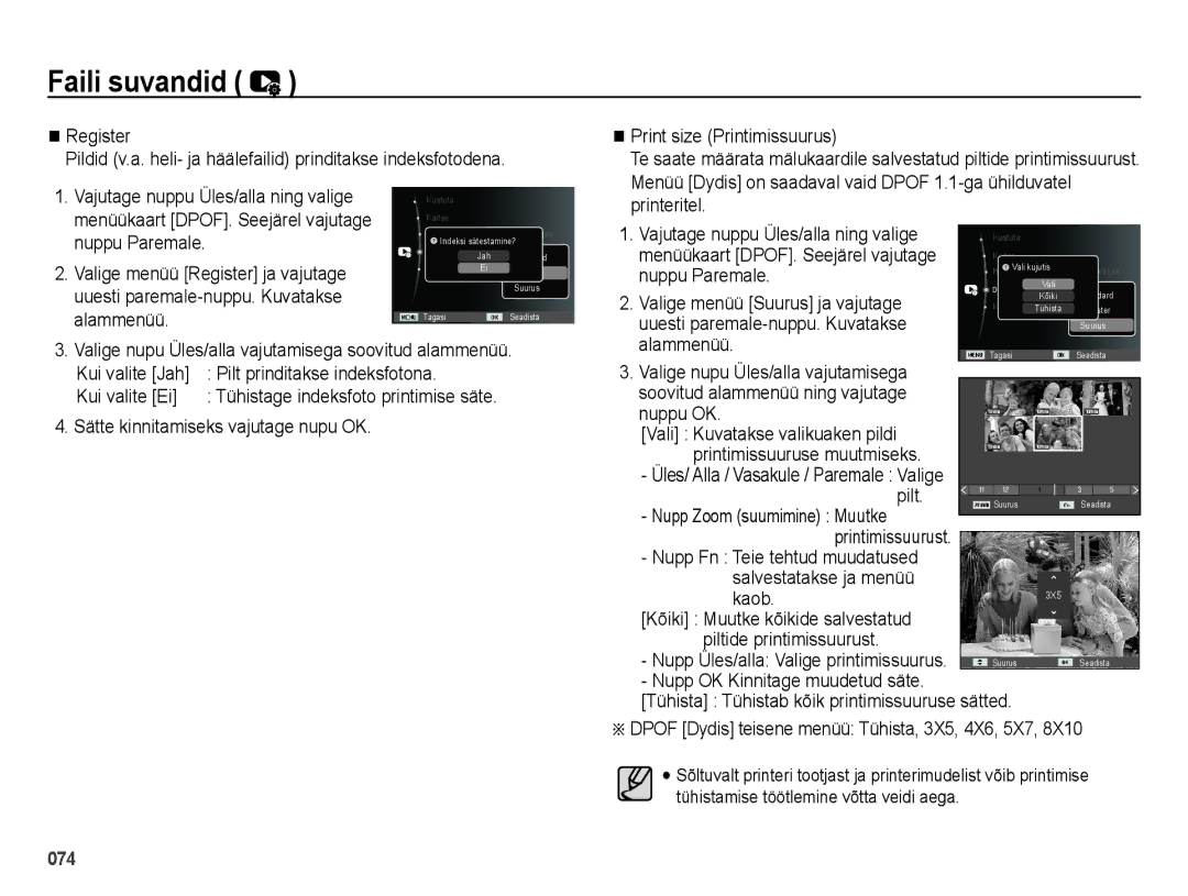 Samsung EC-ES25ZZBARRU Menüü Dydis on saadaval vaid Dpof 1.1-ga ühilduvatel, Nuppu Paremale, Alammenüü, Printeritel, Pilt 