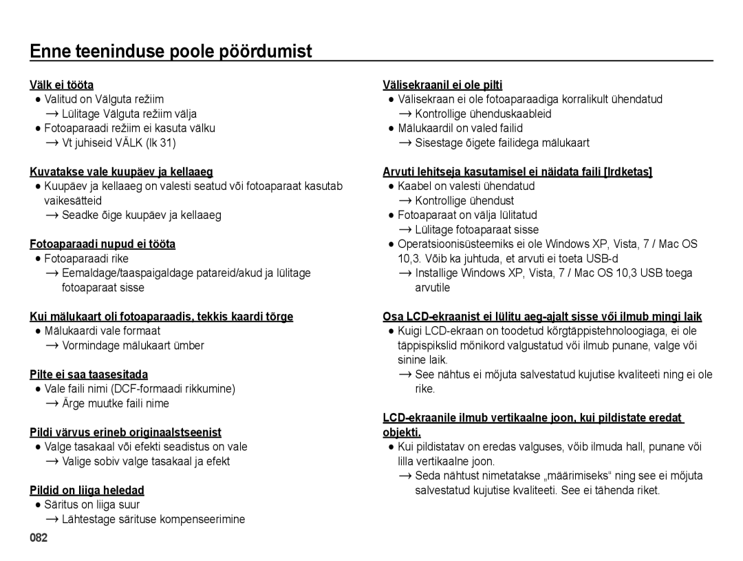 Samsung EC-ES25ZZBABRU, EC-ES25ZZBARRU manual Välk ei tööta, Kuvatakse vale kuupäev ja kellaaeg, Fotoaparaadi nupud ei tööta 