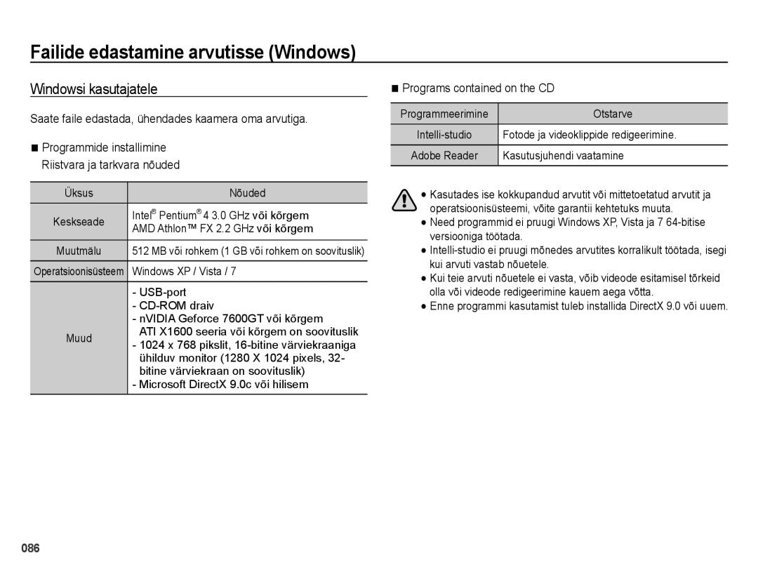 Samsung EC-ES25ZZBARRU manual Failide edastamine arvutisse Windows, Windowsi kasutajatele, Programs contained on the CD 