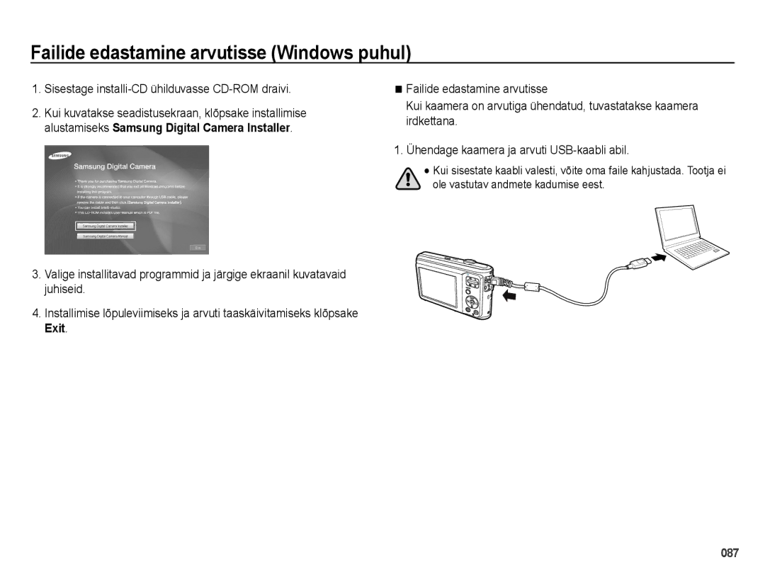 Samsung EC-ES25ZZBASRU manual Failide edastamine arvutisse Windows puhul, Sisestage installi-CD ühilduvasse CD-ROM draivi 