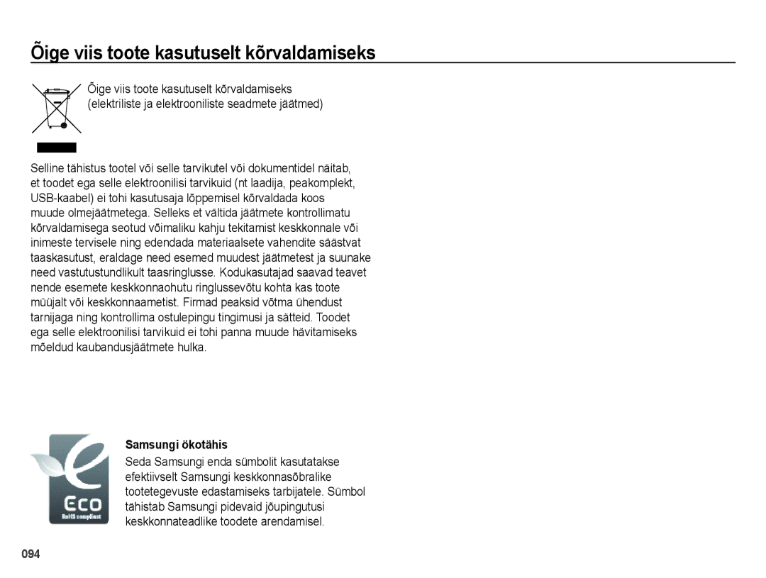 Samsung EC-ES25ZZBABRU, EC-ES25ZZBARRU, EC-ES25ZZBASRU manual Õige viis toote kasutuselt kõrvaldamiseks, Samsungi ökotähis 