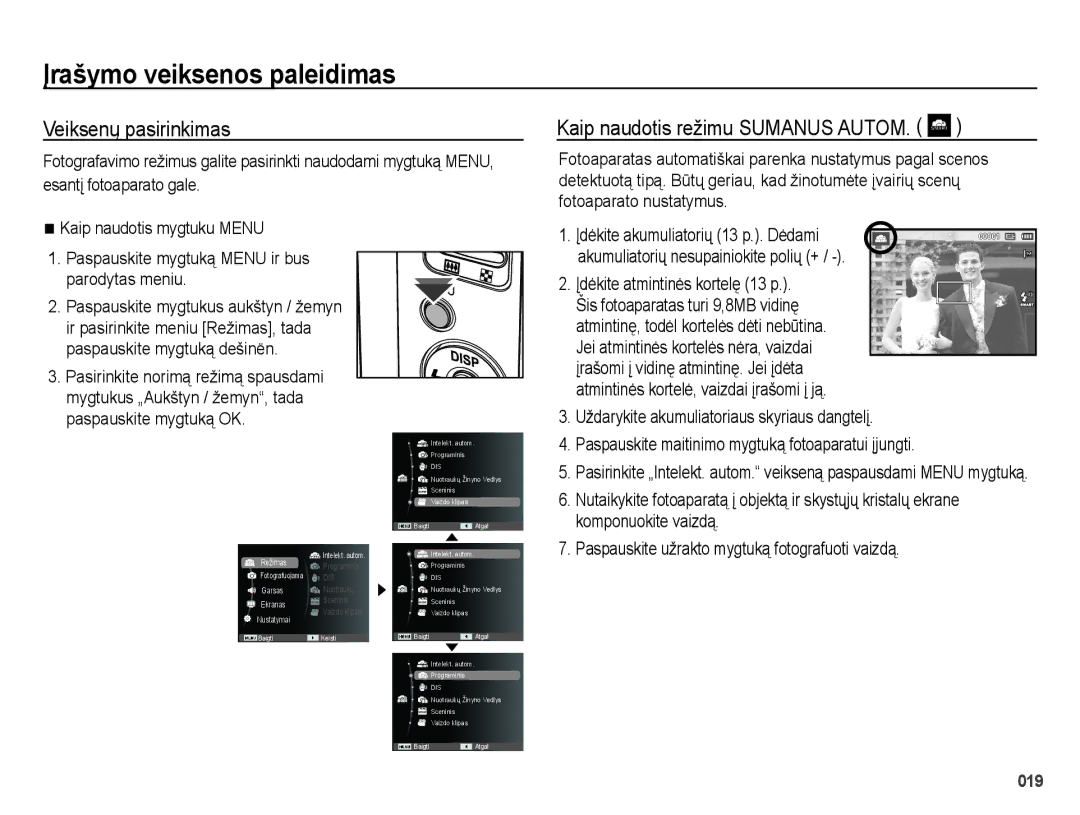 Samsung EC-ES25ZZBABRU manual Ʋrašymo veiksenos paleidimas, Veiksenų pasirinkimas, Kaip naudotis režimu Sumanus Autom 