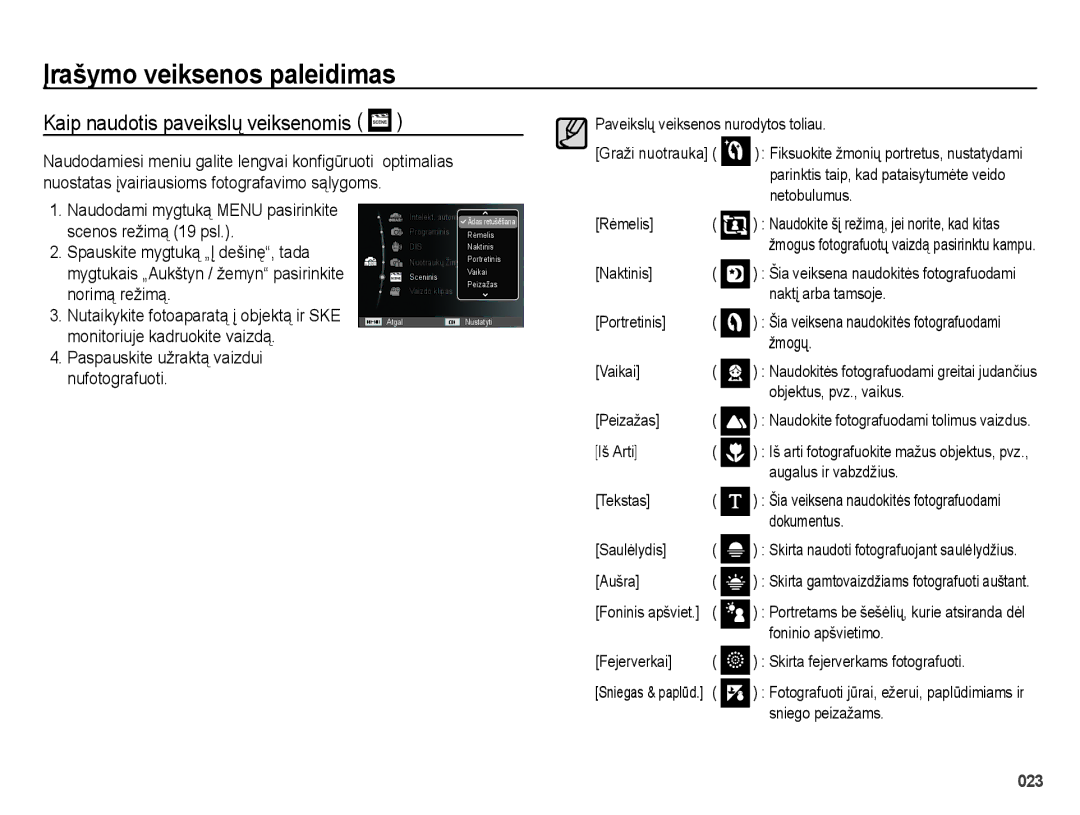 Samsung EC-ES25ZZBARRU, EC-ES25ZZBASRU Kaip naudotis paveikslų veiksenomis, Paspauskite užraktą vaizdui nufotografuoti 