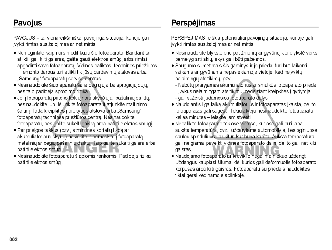 Samsung EC-ES25ZZBARRU, EC-ES25ZZBASRU, EC-ES25ZZBABRU Pavojus, Perspơjimas, Gali sužeisti judamosios fotoaparato dalys 