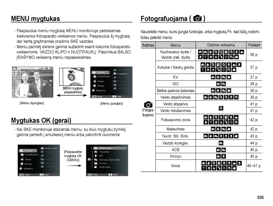 Samsung EC-ES25ZZBARRU, EC-ES25ZZBASRU, EC-ES25ZZBABRU manual Menu mygtukas Fotografuojama, Mygtukas OK gerai 