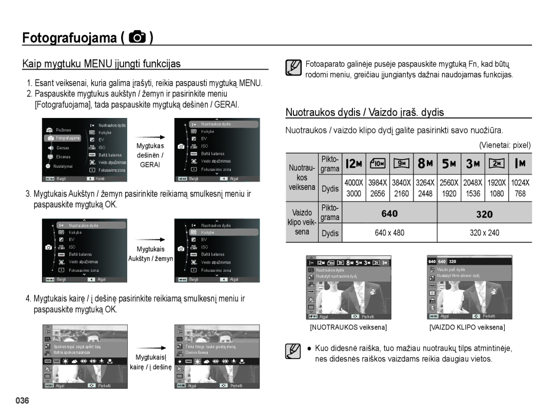 Samsung EC-ES25ZZBASRU, EC-ES25ZZBARRU manual Kaip mygtuku Menu įjungti funkcijas, Nuotraukos dydis / Vaizdo įraš. dydis 