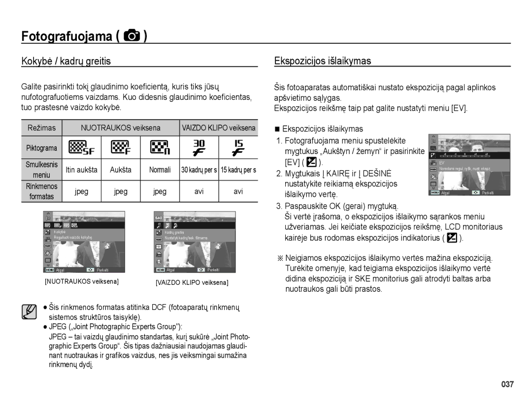 Samsung EC-ES25ZZBABRU, EC-ES25ZZBARRU, EC-ES25ZZBASRU manual Kokybė / kadrų greitis, Ekspozicijos išlaikymas 