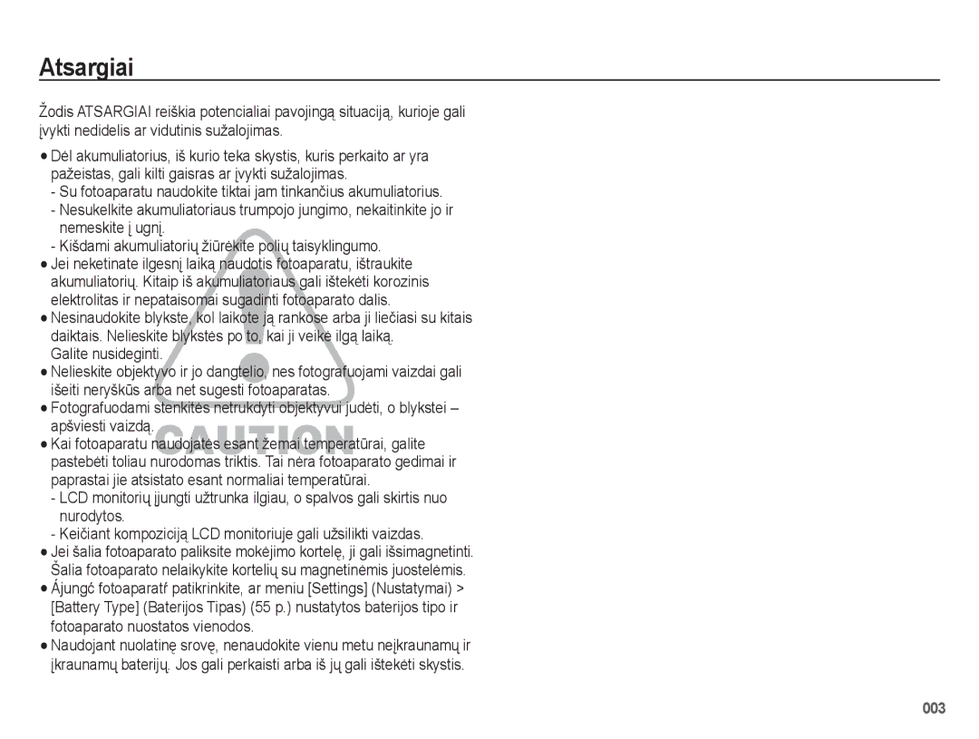 Samsung EC-ES25ZZBASRU, EC-ES25ZZBARRU, EC-ES25ZZBABRU manual Atsargiai 