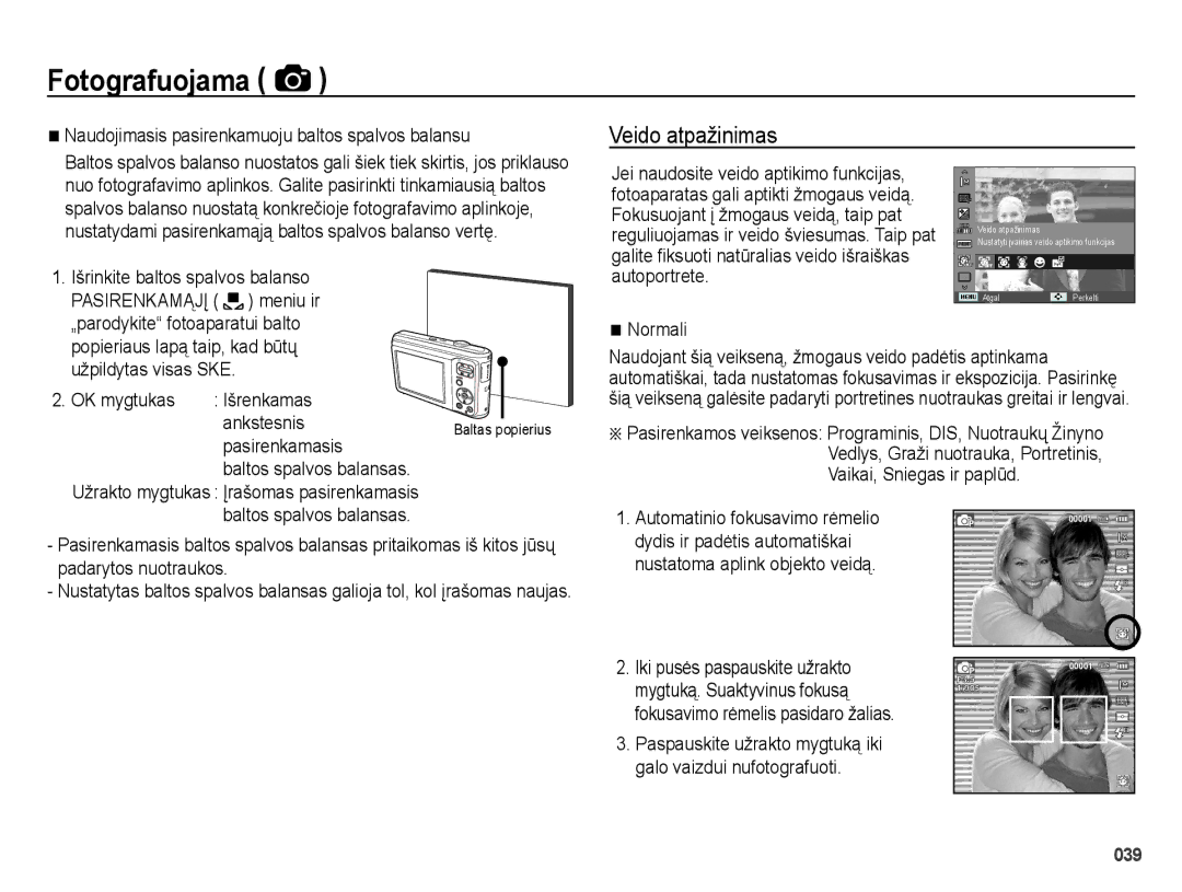 Samsung EC-ES25ZZBASRU, EC-ES25ZZBARRU manual Veido atpažinimas, Naudojimasis pasirenkamuoju baltos spalvos balansu, Normali 