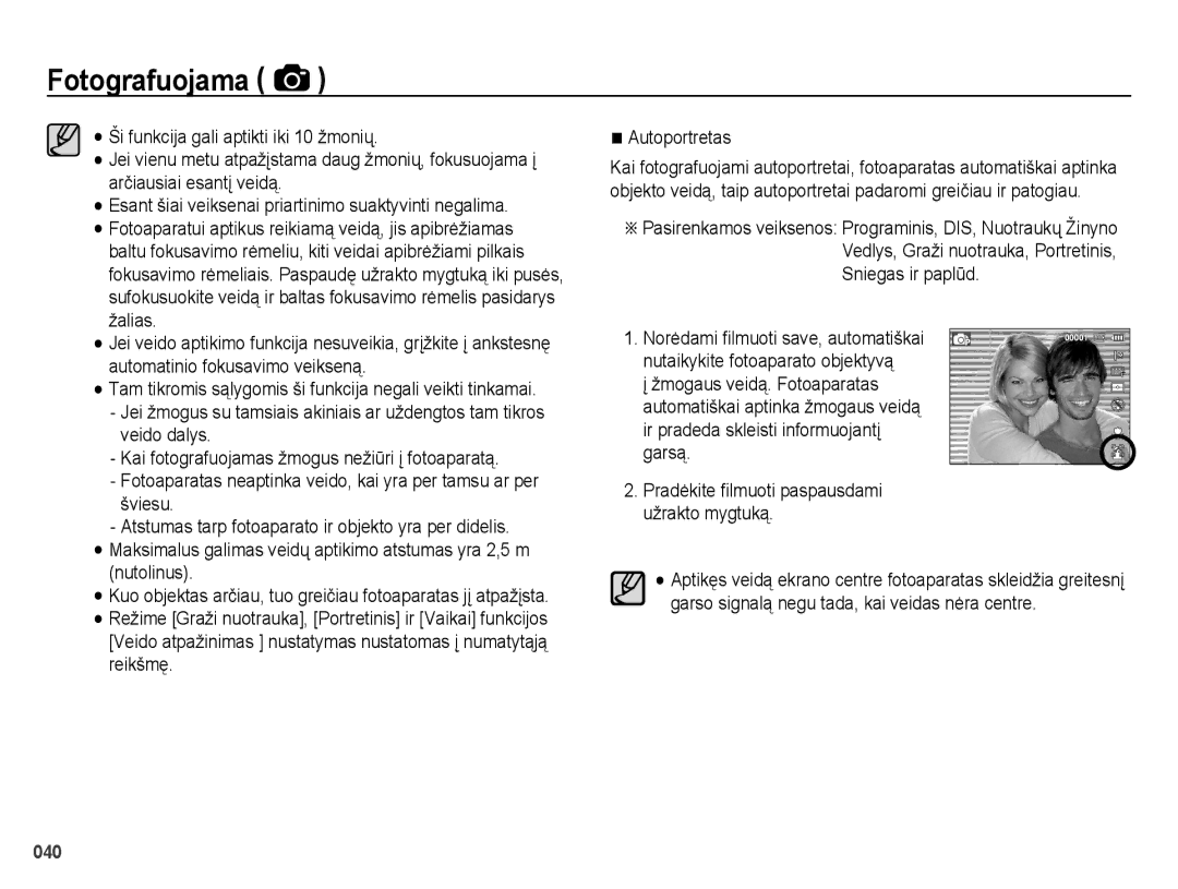 Samsung EC-ES25ZZBABRU, EC-ES25ZZBARRU, EC-ES25ZZBASRU manual Tam tikromis sąlygomis ši funkcija negali veikti tinkamai 