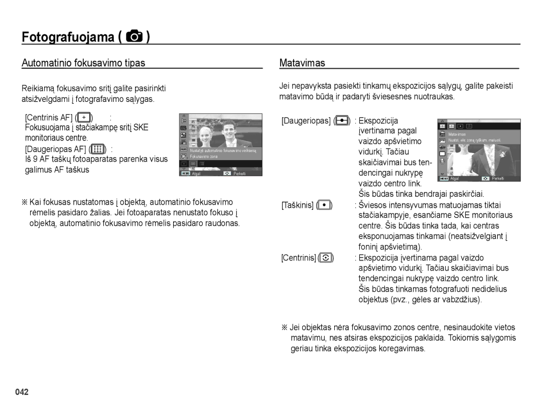 Samsung EC-ES25ZZBASRU, EC-ES25ZZBARRU, EC-ES25ZZBABRU manual Automatinio fokusavimo tipas Matavimas 