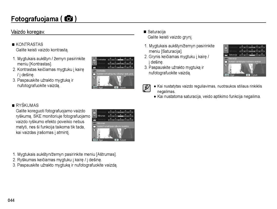 Samsung EC-ES25ZZBARRU, EC-ES25ZZBASRU manual Vaizdo koregav, Meniu Kontrastas, Kontrastas keičiamas mygtuku į kairę, Dešinę 