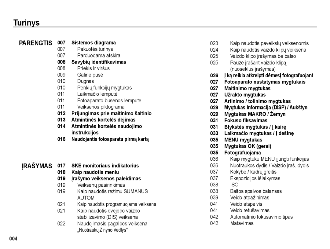 Samsung EC-ES25ZZBABRU Turinys, Pakuotės turinys Parduodama atskirai, Veiksenų pasirinkimas, 021, „Nuotraukų Žinyno Vedlys 