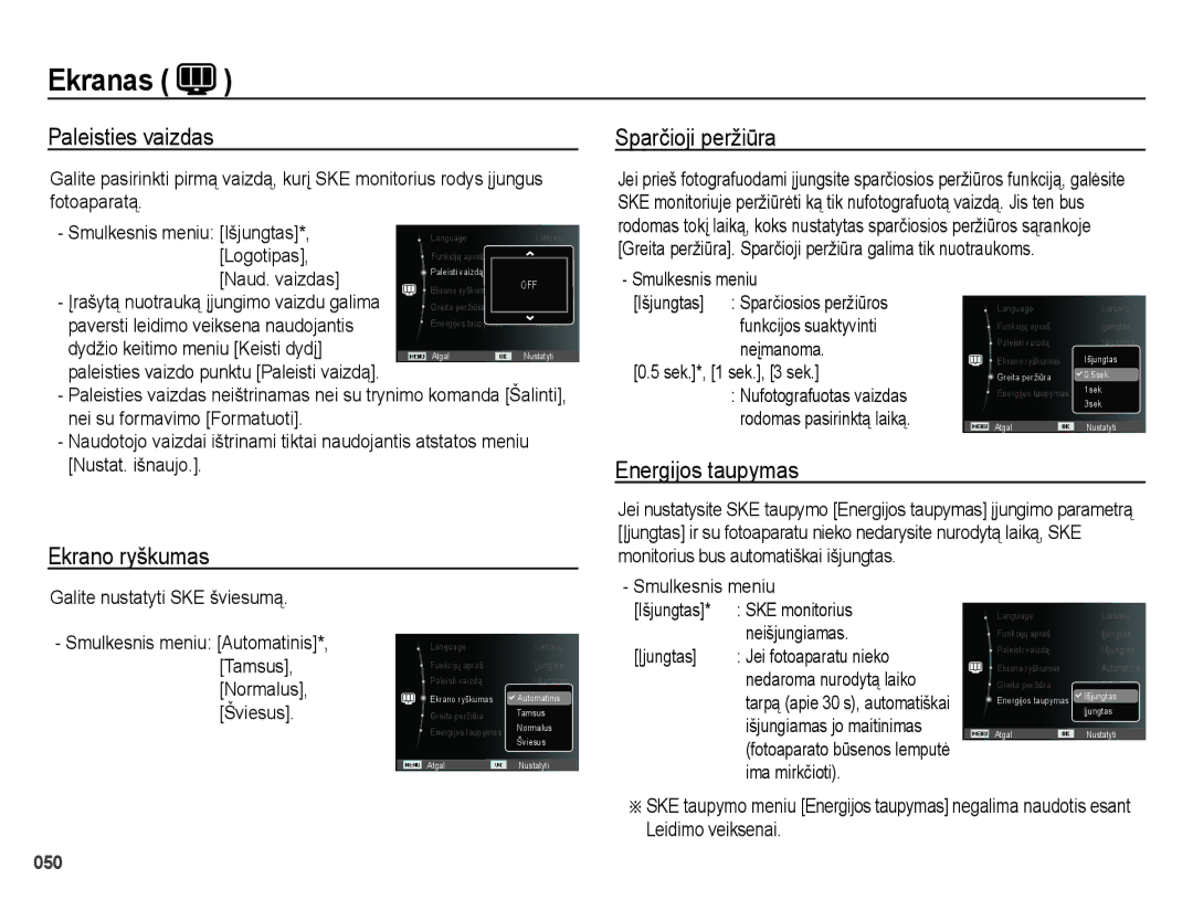 Samsung EC-ES25ZZBARRU, EC-ES25ZZBASRU manual Paleisties vaizdas, Sparčioji peržiūra, Ekrano ryškumas Energijos taupymas 