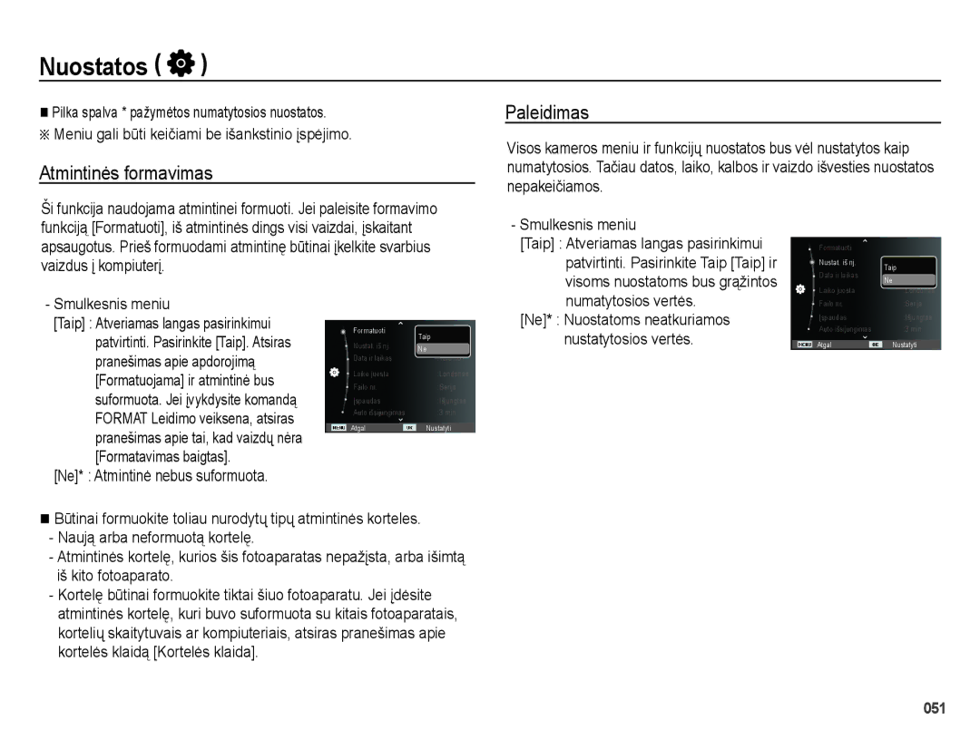 Samsung EC-ES25ZZBASRU Nuostatos, Atmintinės formavimas Paleidimas, Ne* Atmintinė nebus suformuota, Numatytosios vertės 