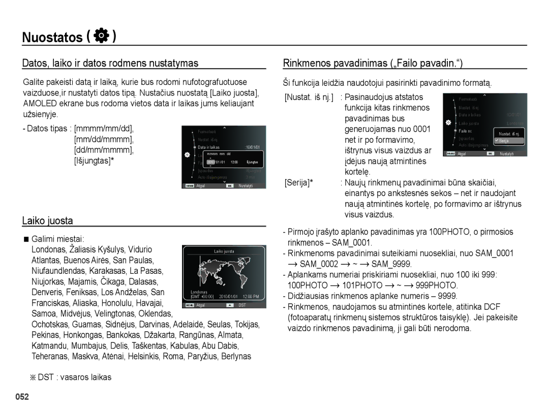 Samsung EC-ES25ZZBABRU manual Datos, laiko ir datos rodmens nustatymas, Rinkmenos pavadinimas „Failo pavadin, Laiko juosta 