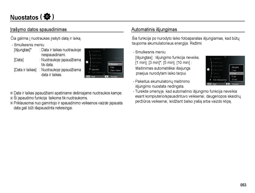 Samsung EC-ES25ZZBARRU Įrašymo datos spausdinimas Automatinis išjungimas, Nespausdinami, Tik data, Data ir laikas 