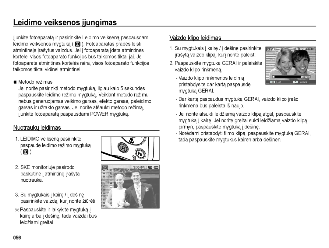 Samsung EC-ES25ZZBARRU manual Leidimo veiksenos Ƴjungimas, Vaizdo klipo leidimas, Nuotraukų leidimas, Metodo režimas 