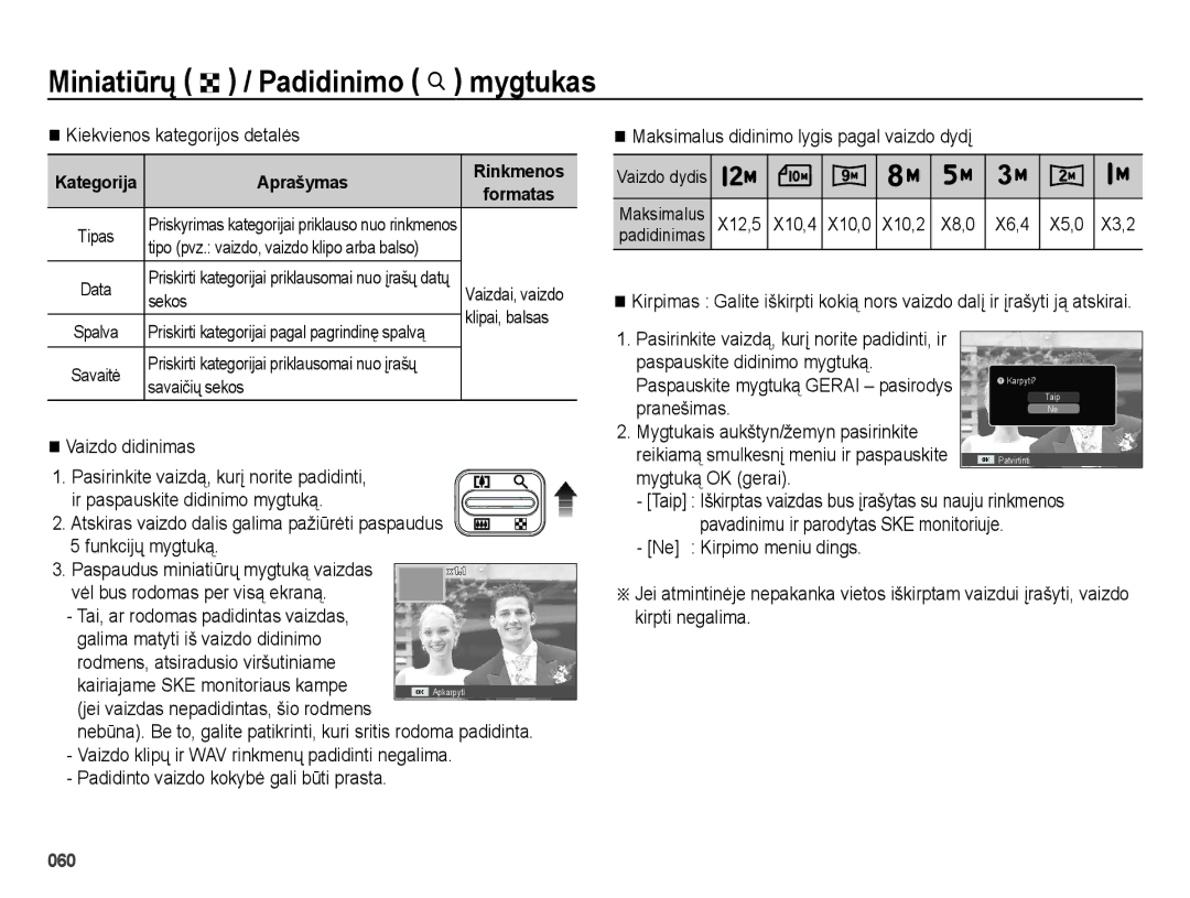 Samsung EC-ES25ZZBASRU, EC-ES25ZZBARRU, EC-ES25ZZBABRU manual Kiekvienos kategorijos detalės, Vaizdo didinimas 