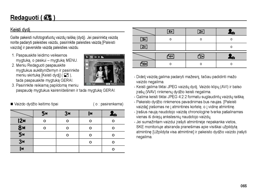 Samsung EC-ES25ZZBARRU, EC-ES25ZZBASRU, EC-ES25ZZBABRU manual Redaguoti, Keisti dydį 